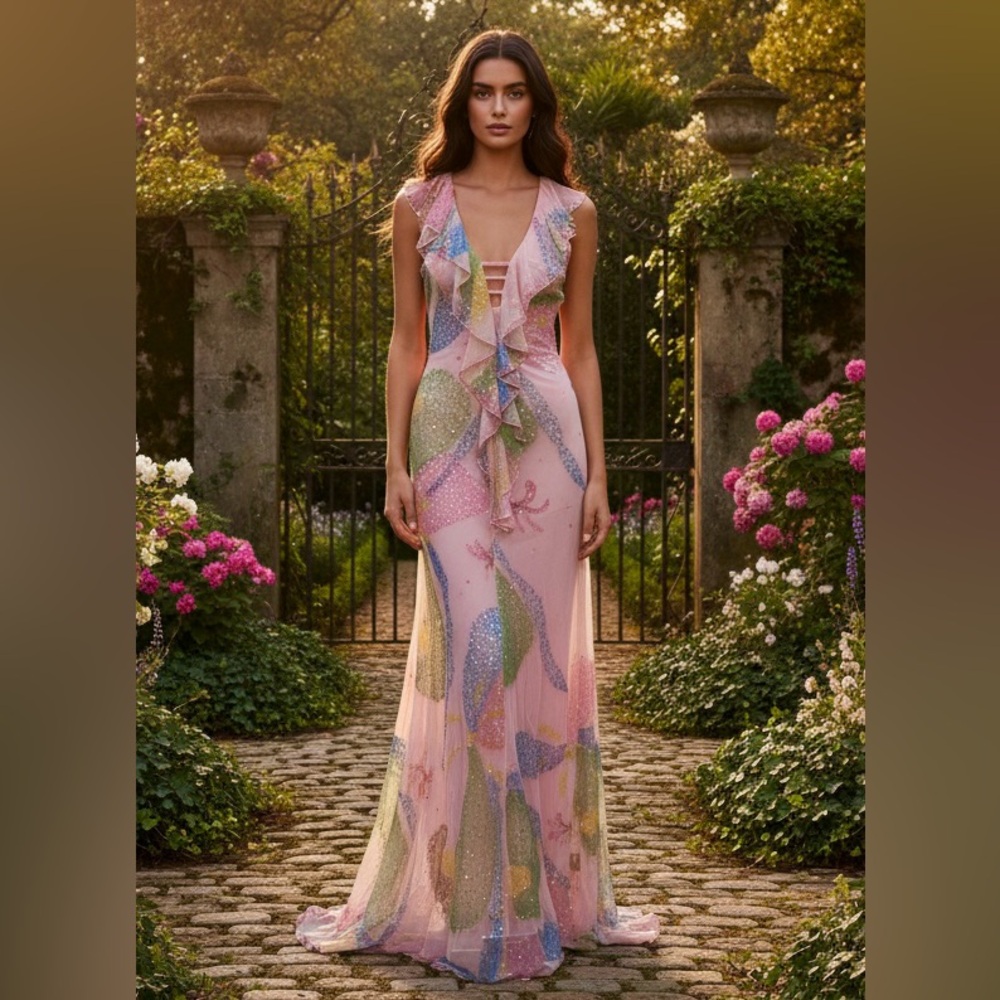 Elegant hand, beaded, pink Multicolor Ruffle Dress